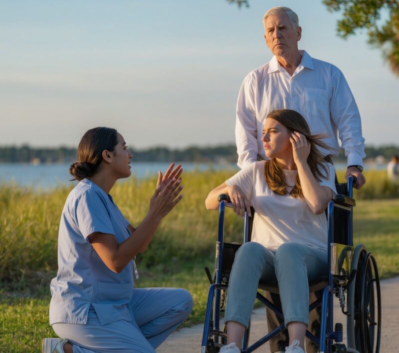 På eftermiddagen satte sig en utbränd sjuksköterska vid vattnet och märkte flickan i rullstolen alla andra hade lärt sig att titta förbi