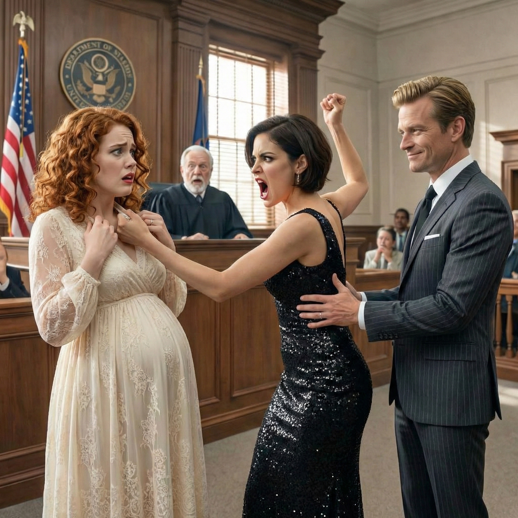 Geliebte schlägt schwangere Ehefrau im Gerichtssaal – Millionär ahnt nicht, dass der Richter ihr Vater ist