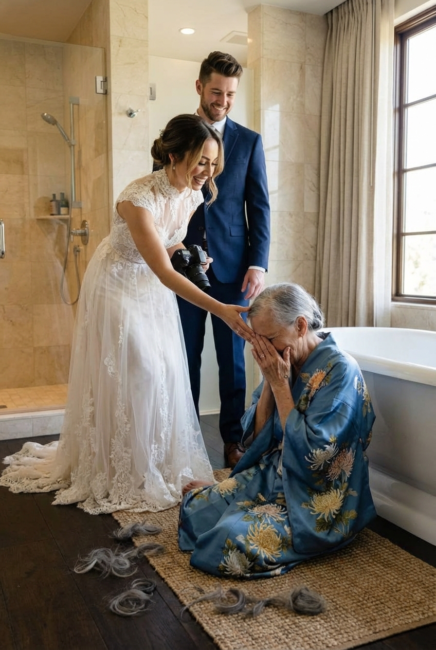 Am Morgen der Hochzeit öffnete ich die Badezimmertür und sah meine Frau reglos vor dem Spiegel, ihr silbernes Haar war abgeschnitten — während meine Schwiegertochter in die Kamera lachte und es einen „Prank“ nannte.Ich schwieg, bis die Konsequenzen kamen… und sie begann zu zittern…