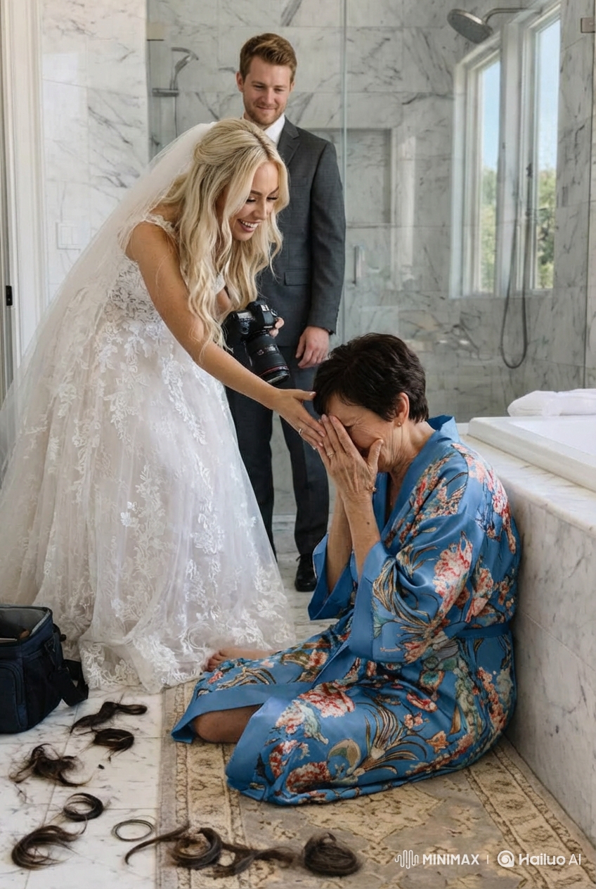 På morgonen på bröllopet öppnade jag badrumsdörren och såg min fru stelna framför spegeln, hennes silverhår var avklippt — medan min svärdotter skrattade mot kameran och kallade det ett ”prank”.Jag var tyst tills konsekvenserna kom… och hon började darra…