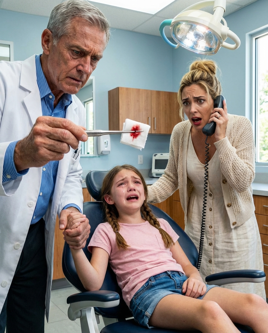 “Meine 12-jährige Tochter weinte seit Tagen wegen Kieferschmerzen und konnte keinen Bissen nehmen. Mein Ex-Mann spielte es herunter: ‘Es sind nur die Milchzähne. Hör auf zu übertreiben” Sobald er das Haus verlassen hatte, brachte ich sie zum Zahnarzt. Nachdem der Zahnarzt sie untersucht hatte, machte er plötzlich das Licht aus und schloss die Tür ab. Er senkte seine Stimme und seine Hände zitterten leicht: ‘Bleib ruhig… Ich muss das sofort extrahieren. Als ich den scharfen und seltsamen Gegenstand sah, den er aus seinem Kaugummi zog, erstarrte mein Blut. Ich rief sofort die Polizei an.”