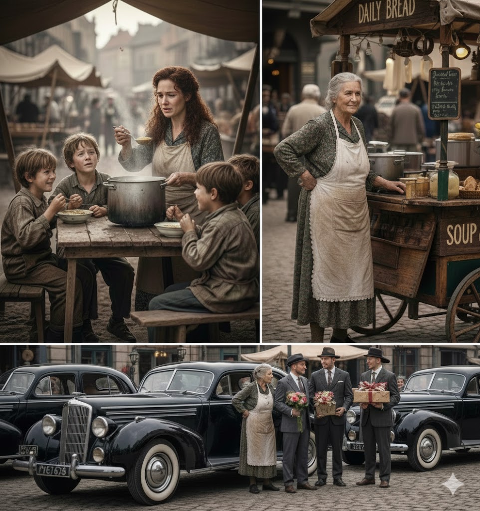 Sie gab drei hungrigen Waisen heiße Suppe zu essen. Zwanzig Jahre später fuhren drei teure Autos an ihren Stand heran.