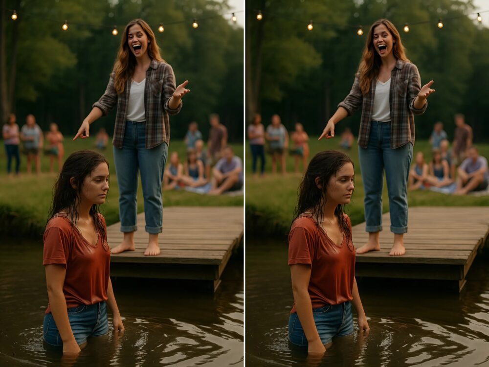 Einige Mädchen, die mich schon lange schikanierten, kamen von hinten, stießen mich ins Wasser und begannen, sich über mein nasses Aussehen lustig zu machen