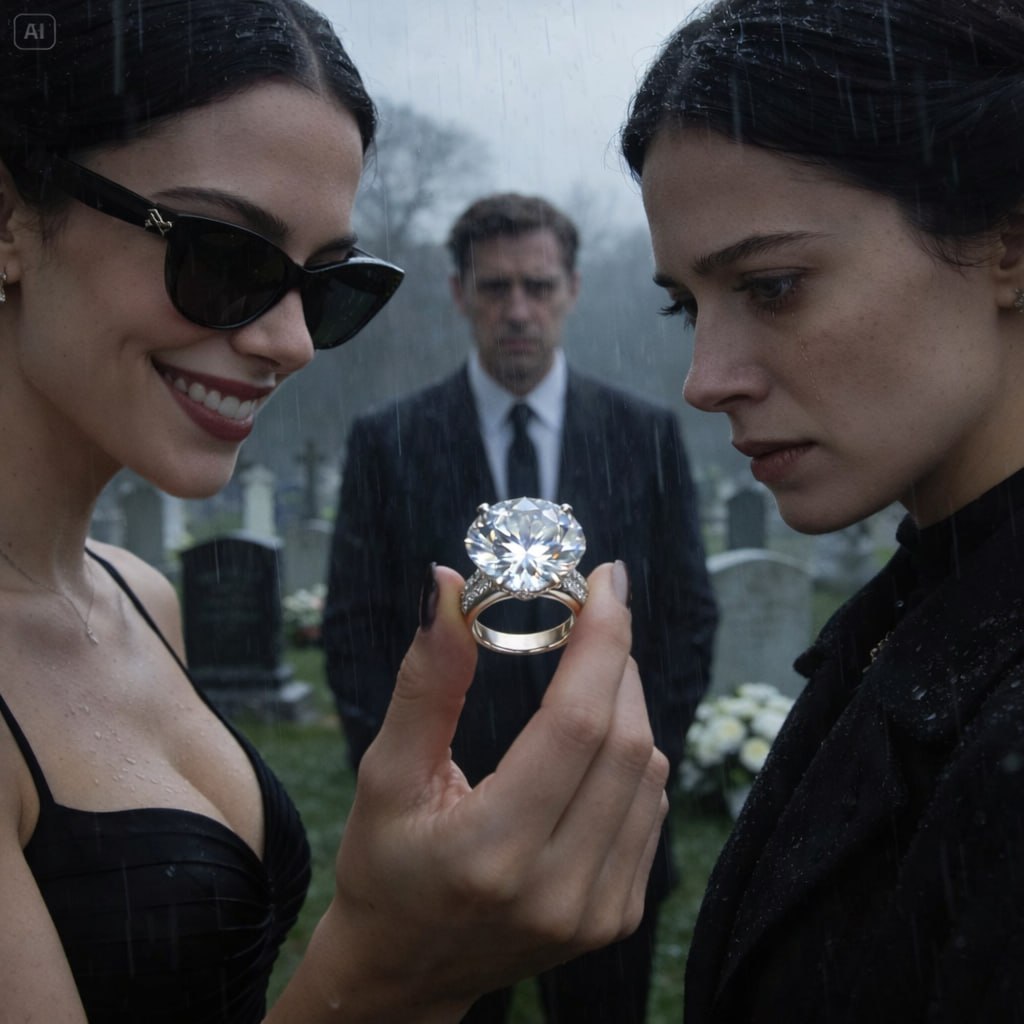 Hon bar min stulna förlovningsring på vår mammas begravning… utan att veta att min man styr hela hennes värld
