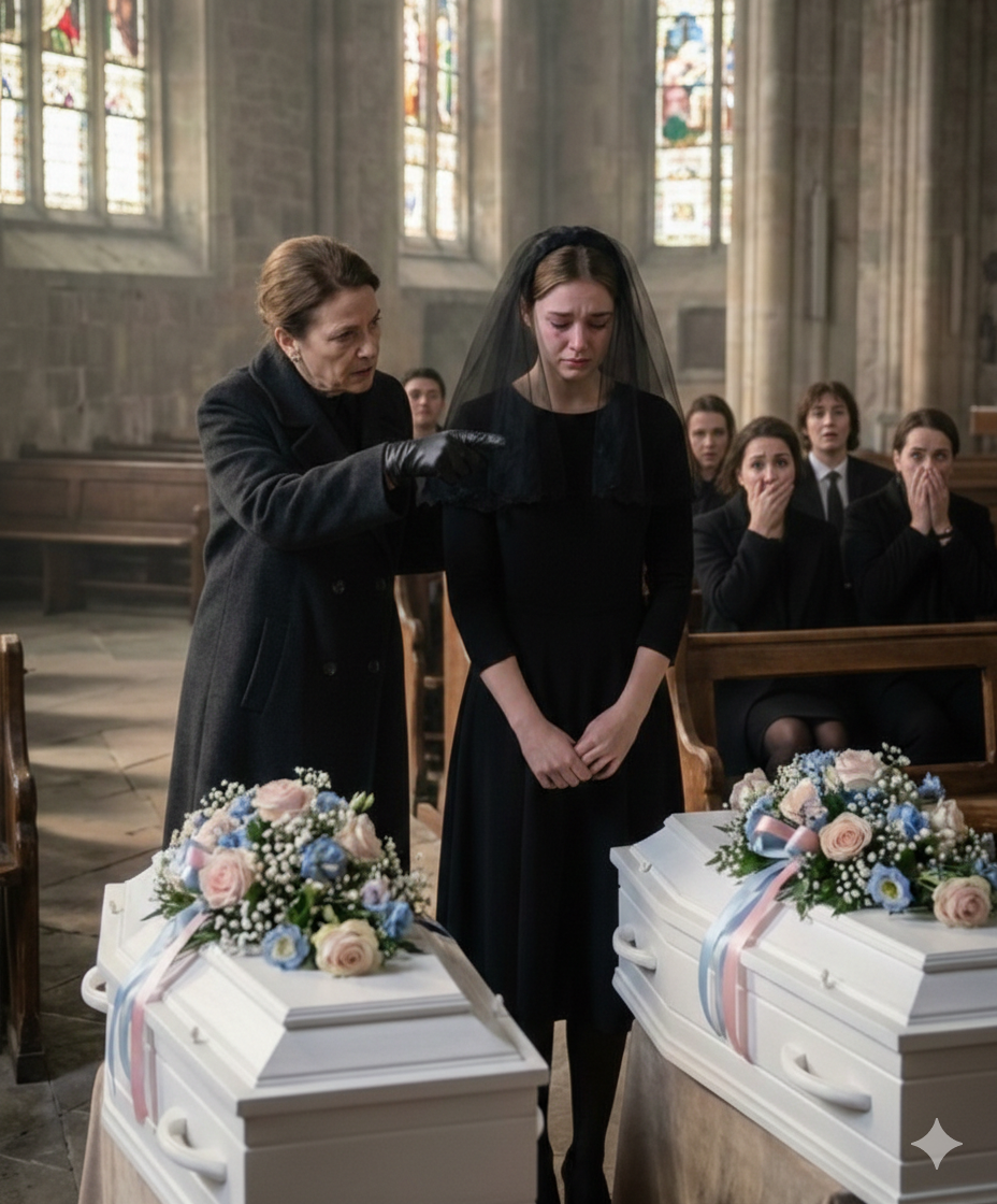 Vid mina tvillingars begravning, när deras små kistor vilade framför mig, lutade min svärmor in med grymma ord som skar djupt. Jag bröt ihop och bad, «snälla… bara för idag.»Det som följde bedövade alla—och förändrade dagens gång för alltid.