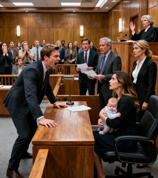Bei unserer Scheidungsverhandlung zeigte mein Mann mit unserem Sohn im Arm auf mich und sagte: ‚Nimm dein Kind und verschwinde‘, Aber in dem Moment, als der Richter mein Erbe las, verstummte das gesamte Gericht … und sein Vertrauen bröckelte