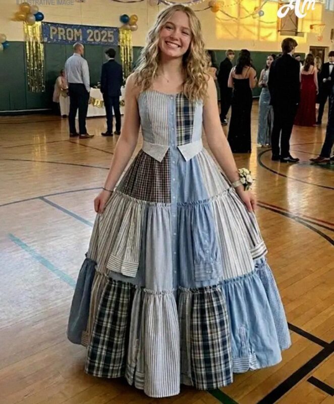 Jag sydde en klänning från min pappas skjortor till balen till hans ära — mina klasskamrater skrattade tills rektorn tog mikrofonen och rummet tystnade