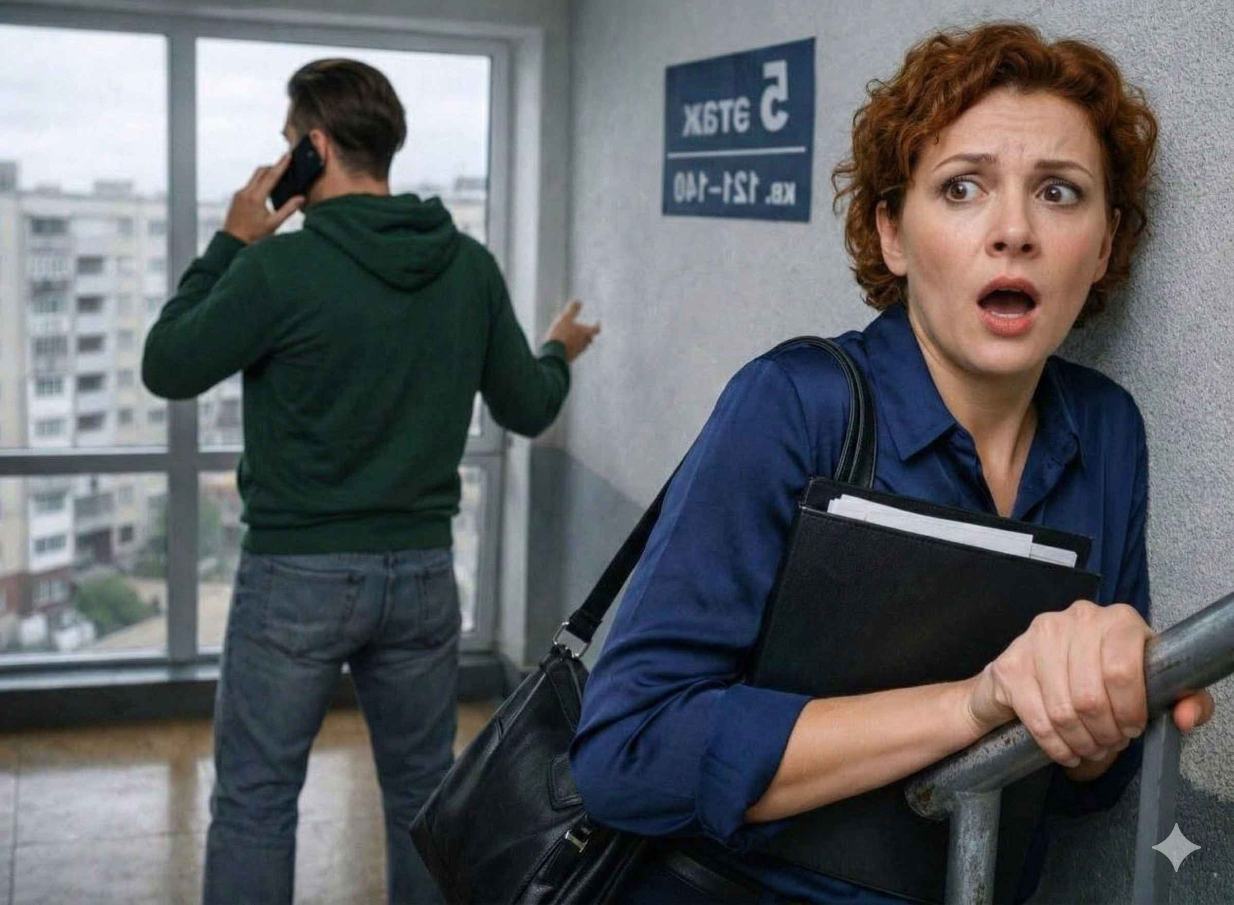 Efter att ha tagit fel våning gick jag upp till fots och råkade höra hur brudgummen i telefon pratade om pengar, ett barn och en flykt.